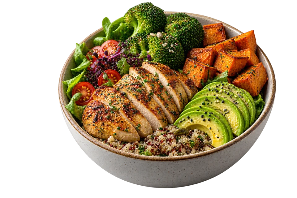 Bowl colorido com frango, legumes e abacate
